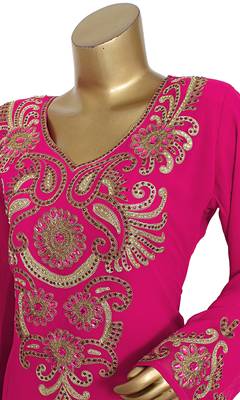 Fuchsia Pink Embroidered Crystal Embellished Traditional Chiffon Kaftan Gown 3
