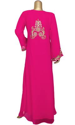 Fuchsia Pink Embroidered Crystal Embellished Traditional Chiffon Kaftan Gown 4