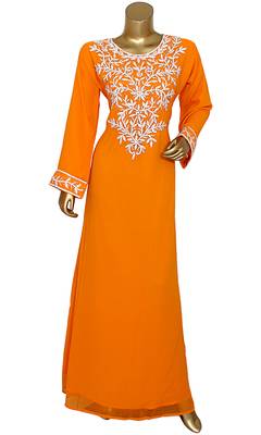 Orange Embroidered Crystal & Beads Embellished Traditional Chiffon Kaftan Gown 1