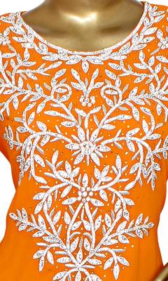 Orange Embroidered Crystal & Beads Embellished Traditional Chiffon Kaftan Gown 2