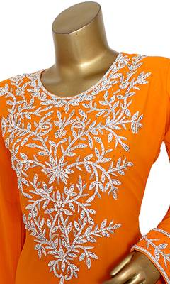 Orange Embroidered Crystal & Beads Embellished Traditional Chiffon Kaftan Gown 3