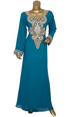 Teal Green Embroidered Crystal & Beads Embellished Traditional Chiffon Kaftan Gown 1