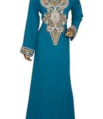 Teal Green Embroidered Crystal & Beads Embellished Traditional Chiffon Kaftan Gown
