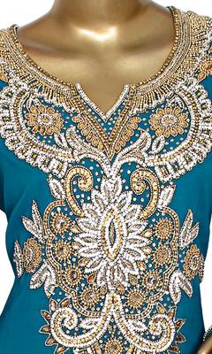 Teal Green Embroidered Crystal & Beads Embellished Traditional Chiffon Kaftan Gown 2