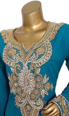 Teal Green Embroidered Crystal & Beads Embellished Traditional Chiffon Kaftan Gown 3