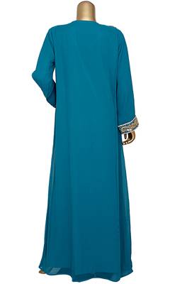Teal Green Embroidered Crystal & Beads Embellished Traditional Chiffon Kaftan Gown 4