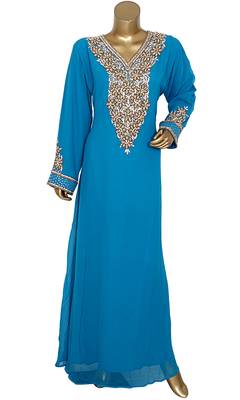 Turquoise Blue Embroidered Crystal & Beads Embellished Traditional Chiffon Kaftan Gown 1