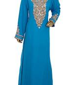 Turquoise Blue Embroidered Crystal & Beads Embellished Traditional Chiffon Kaftan Gown