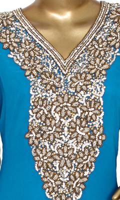 Turquoise Blue Embroidered Crystal & Beads Embellished Traditional Chiffon Kaftan Gown 2