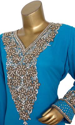 Turquoise Blue Embroidered Crystal & Beads Embellished Traditional Chiffon Kaftan Gown 3