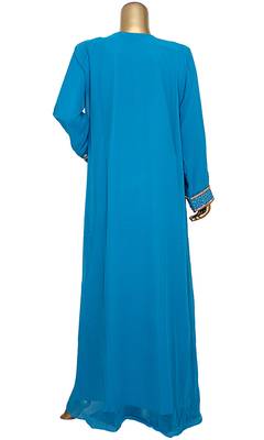Turquoise Blue Embroidered Crystal & Beads Embellished Traditional Chiffon Kaftan Gown 4