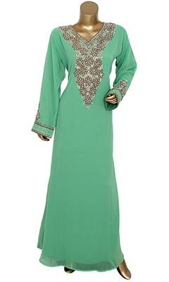 Green Embroidered Crystal & Beads Embellished Traditional Chiffon Kaftan Gown 1