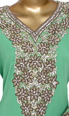 Green Embroidered Crystal & Beads Embellished Traditional Chiffon Kaftan Gown 2