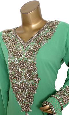 Green Embroidered Crystal & Beads Embellished Traditional Chiffon Kaftan Gown 3