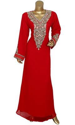Red Embroidered Crystal & Beads Embellished Traditional Chiffon Kaftan Gown 1