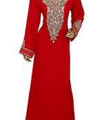 Red Embroidered Crystal & Beads Embellished Traditional Chiffon Kaftan Gown