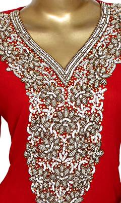Red Embroidered Crystal & Beads Embellished Traditional Chiffon Kaftan Gown 2