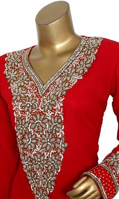 Red Embroidered Crystal & Beads Embellished Traditional Chiffon Kaftan Gown 3
