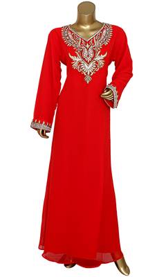 Red Embroidered Crystal Embellished Traditional Chiffon Kaftan Gown 1