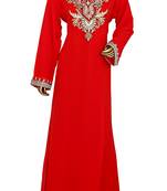 Red Embroidered Crystal Embellished Traditional Chiffon Kaftan Gown