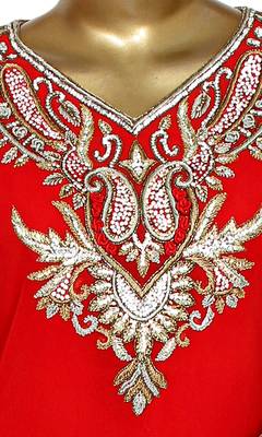 Red Embroidered Crystal Embellished Traditional Chiffon Kaftan Gown 2