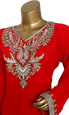 Red Embroidered Crystal Embellished Traditional Chiffon Kaftan Gown 3