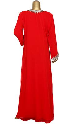 Red Embroidered Crystal Embellished Traditional Chiffon Kaftan Gown 4