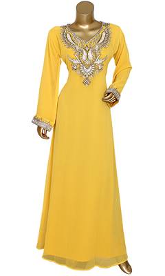 Yellow Embroidered Crystal Embellished Traditional Chiffon Kaftan Gown 1