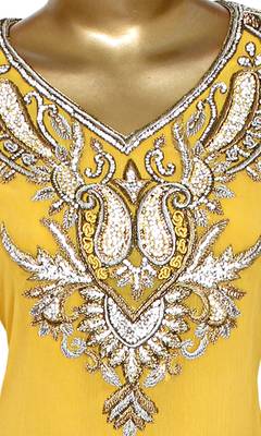 Yellow Embroidered Crystal Embellished Traditional Chiffon Kaftan Gown 2