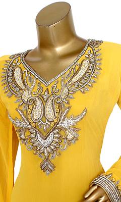 Yellow Embroidered Crystal Embellished Traditional Chiffon Kaftan Gown 3