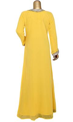 Yellow Embroidered Crystal Embellished Traditional Chiffon Kaftan Gown 4