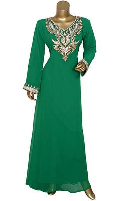 Green Embroidered Crystal Embellished Traditional Chiffon Kaftan Gown 1