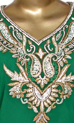Green Embroidered Crystal Embellished Traditional Chiffon Kaftan Gown 2