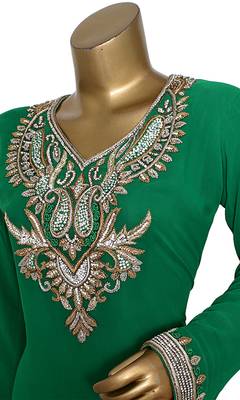 Green Embroidered Crystal Embellished Traditional Chiffon Kaftan Gown 3