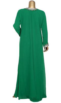 Green Embroidered Crystal Embellished Traditional Chiffon Kaftan Gown 4