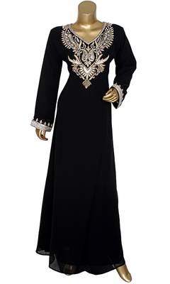 Black Embroidered Crystal Embellished Traditional Chiffon Kaftan Gown 1
