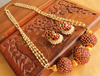 Beautiful Maroon Long Temple Jewel Necklace Set 1