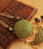 Beautiful Green Double Pendant Temple Jewel Long Necklace Set