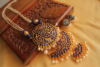 Beautiful Blue Double Pendant Temple Jewel Long Necklace Set 1