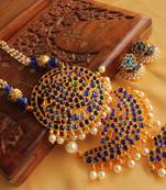 Beautiful Blue Double Pendant Temple Jewel Long Necklace Set