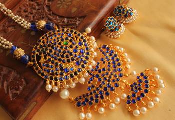 Beautiful Blue Double Pendant Temple Jewel Long Necklace Set 2