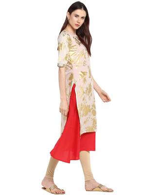 Beige printed cotton kurtis 4