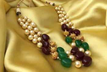 Royal Ruby Green 3 Line Golden Beads Mala Women 1