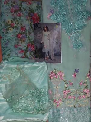 Sea Green Sky Blue Firozi Color embroidered georgette semi stitched salwar with dupatta 3