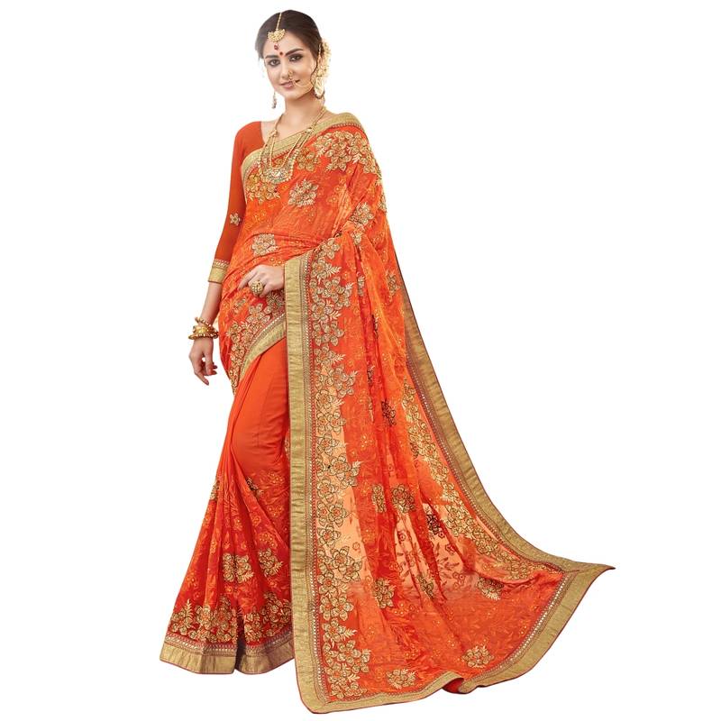 Orange embroidered georgette saree with blouse