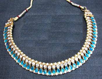 Sky blue stone pearl polki necklace set 2