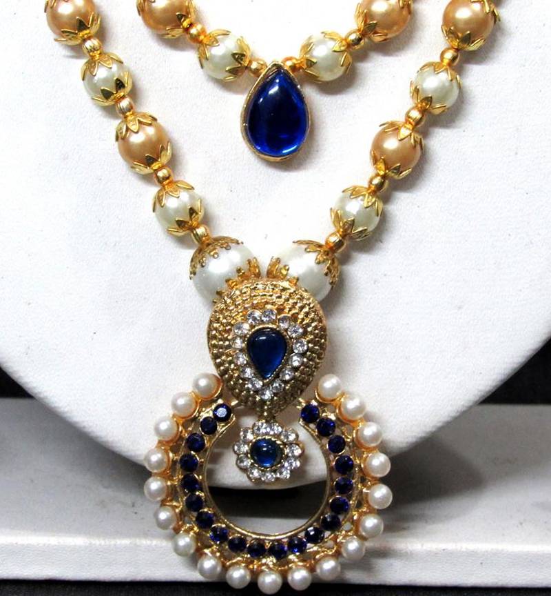 Dark blue 3 line stone pendant pearl necklace set Shree Mauli Creation 2666662