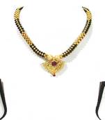 Golden black beads pink stone pendant thushi necklace