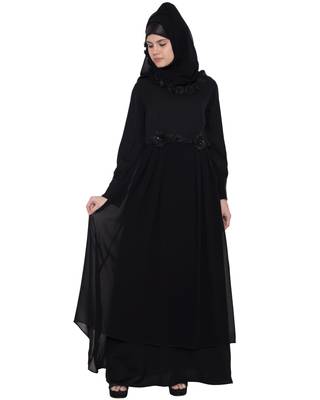 Black Rich kashibo Georgette Lace Lace Islamic Abaya 2
