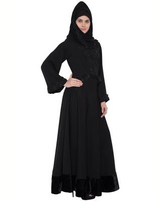 Black Rich Nida Velvet Lace Lace Islamic Abaya 3